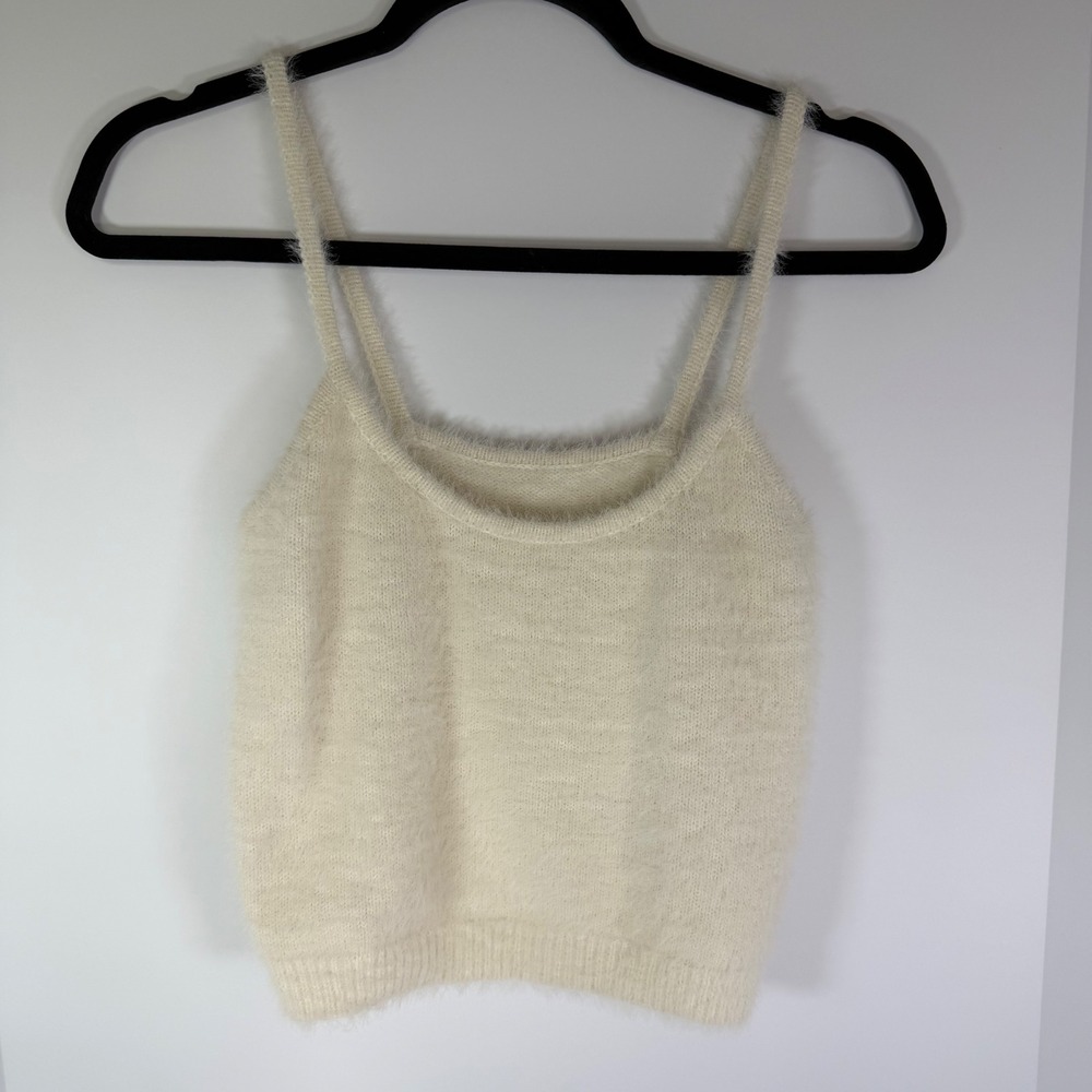 Fuzzy Eyelash Knit Camisole Tank Top Cream Ivory Scoop Neck Medium Festival Boho